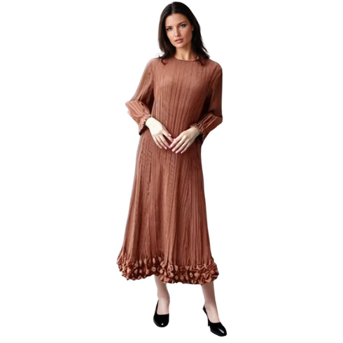 long-sleeve pleated bubble hem midi dress - DR1583